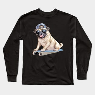 Pug Dog on Skateboard Long Sleeve T-Shirt